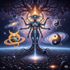 Futuristic Figure Amidst Cosmic Galaxies and Planets