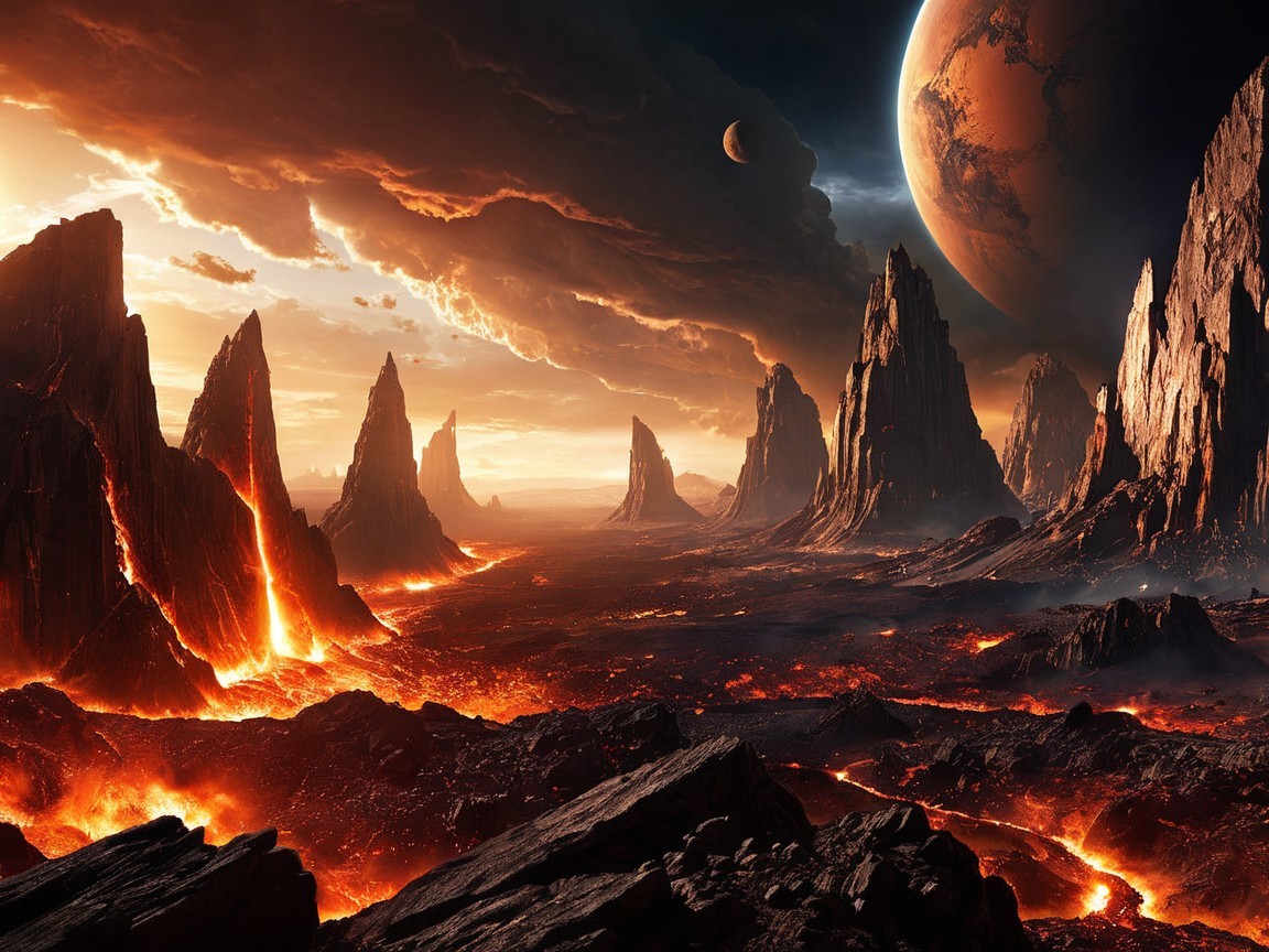 Dramatic Alien Landscape with Lava and Mountains