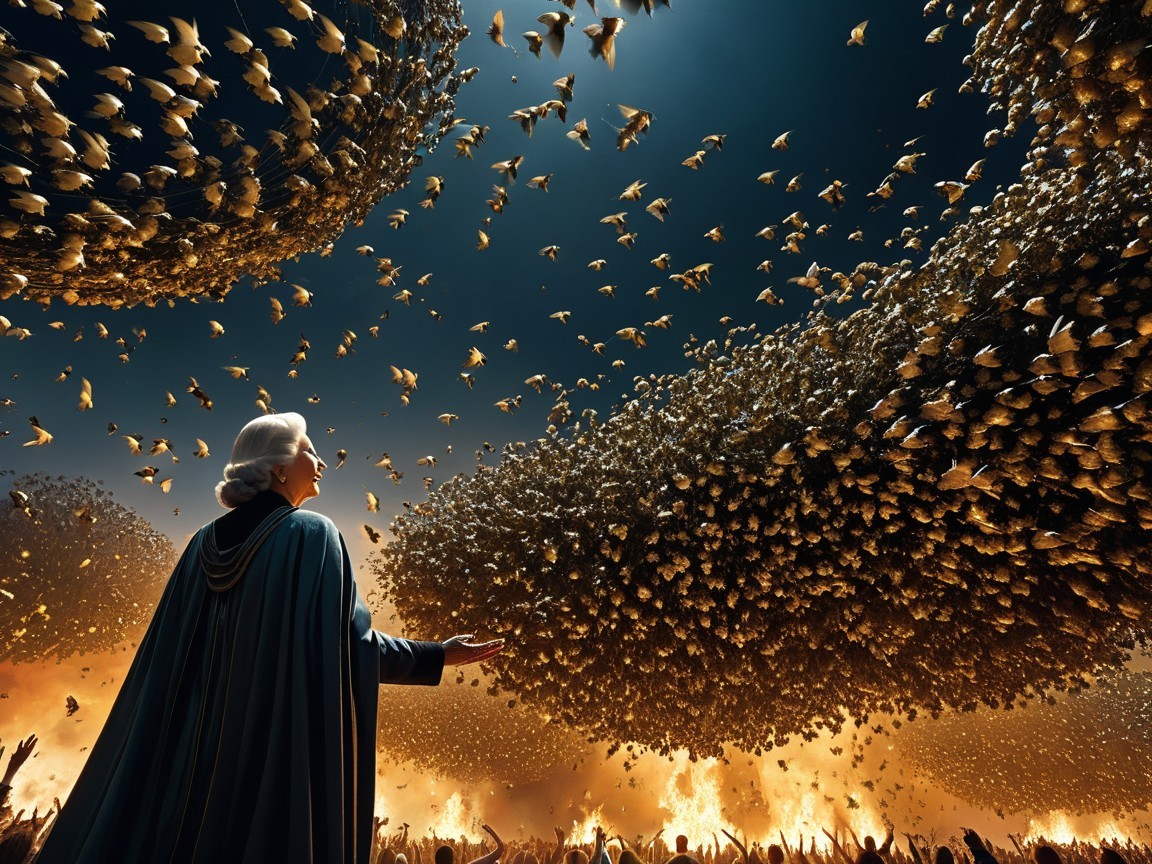 Elderly Woman in Cloak Surrounded by Birds and Crowd
