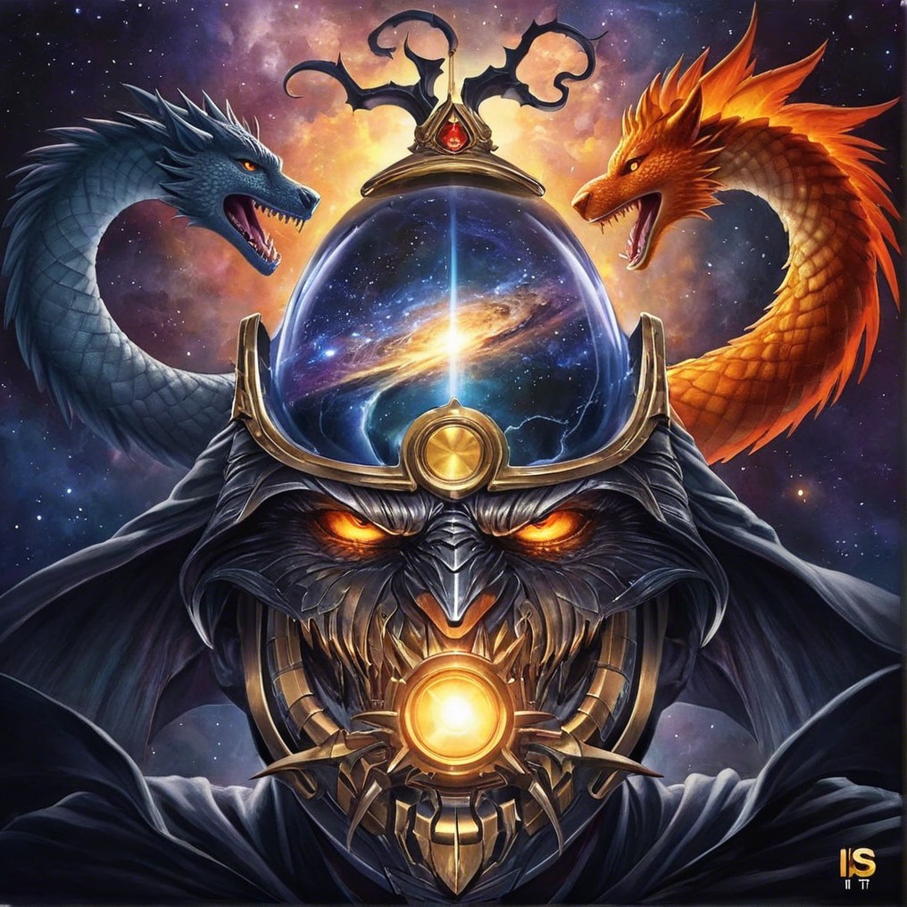 Dramatic Fantasy Scene with Dragons and Cosmic Orb