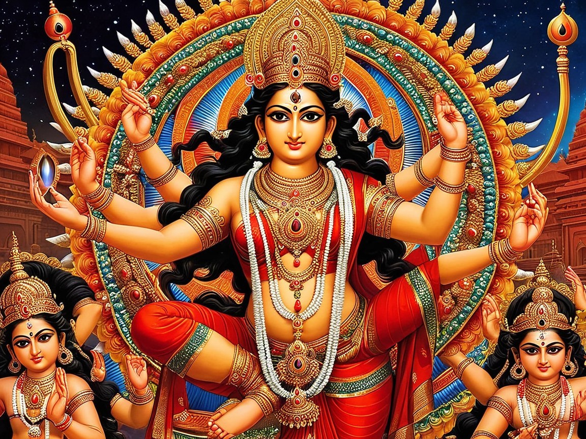 Vibrant Depiction of the Deity Durga with Symbolism