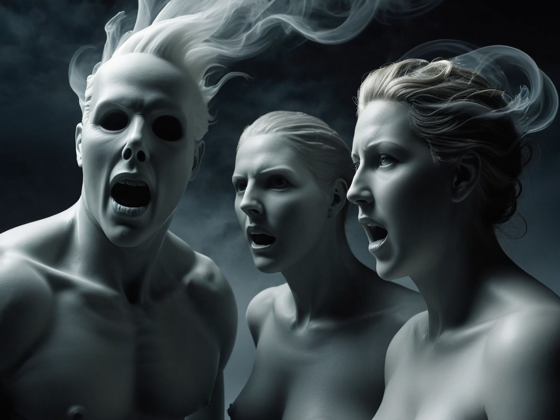 Dramatic Scene with Ghostly Figures and Dark Atmosphere