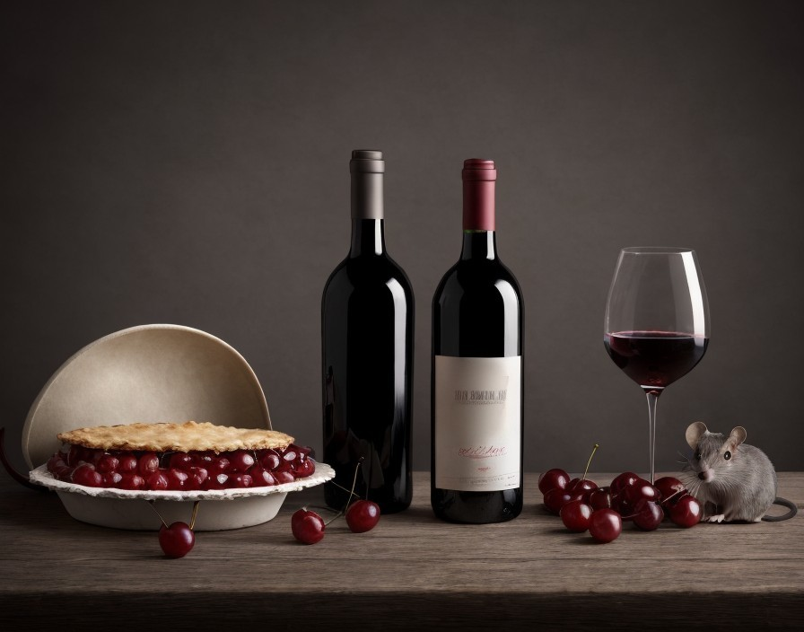 Still life with wine bottles, glass, cherry pie, cherries, and mouse on table