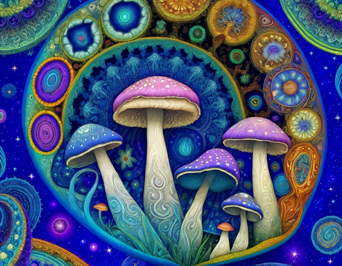 Colorful psychedelic artwork: Mushrooms, patterns, celestial motifs