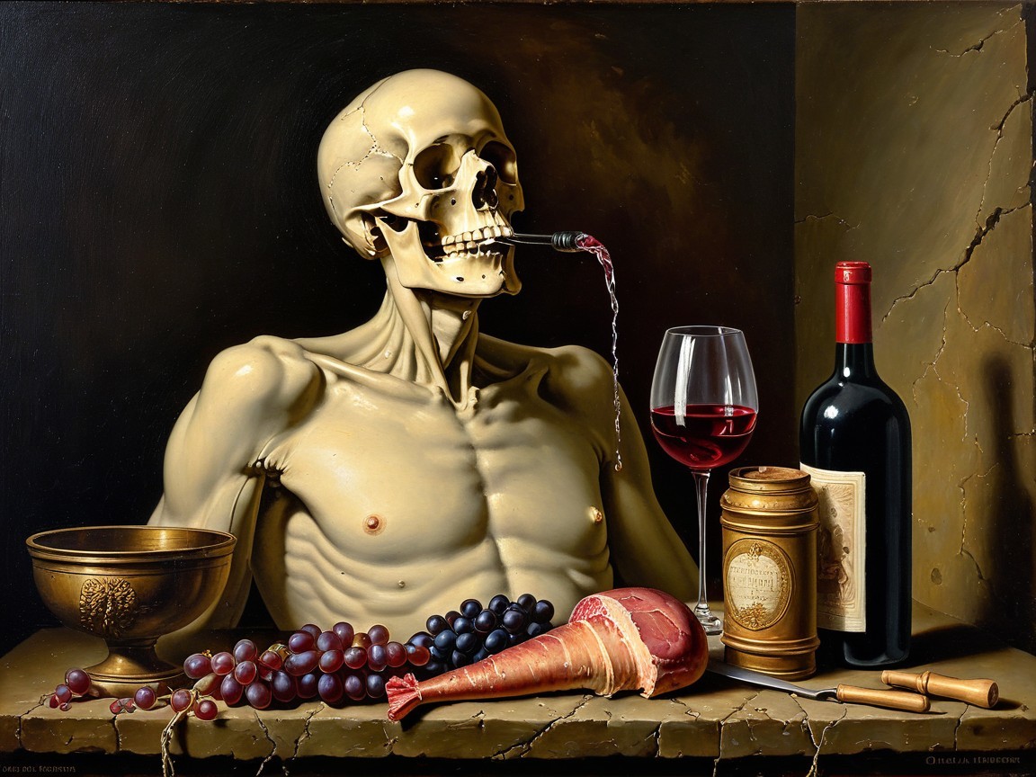 Still-Life of Skeleton with Wine and Grapes