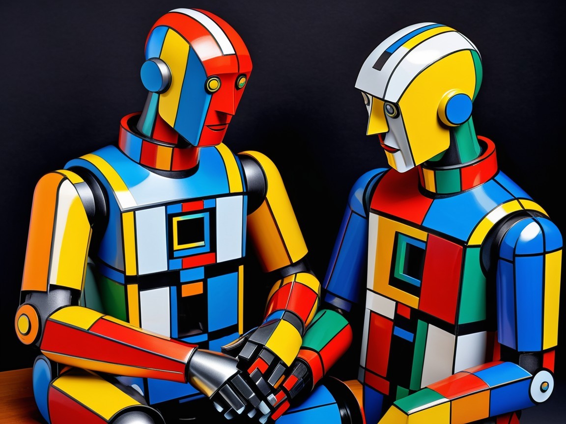 Vibrant Robots with Colorful Designs on Reflective Surface
