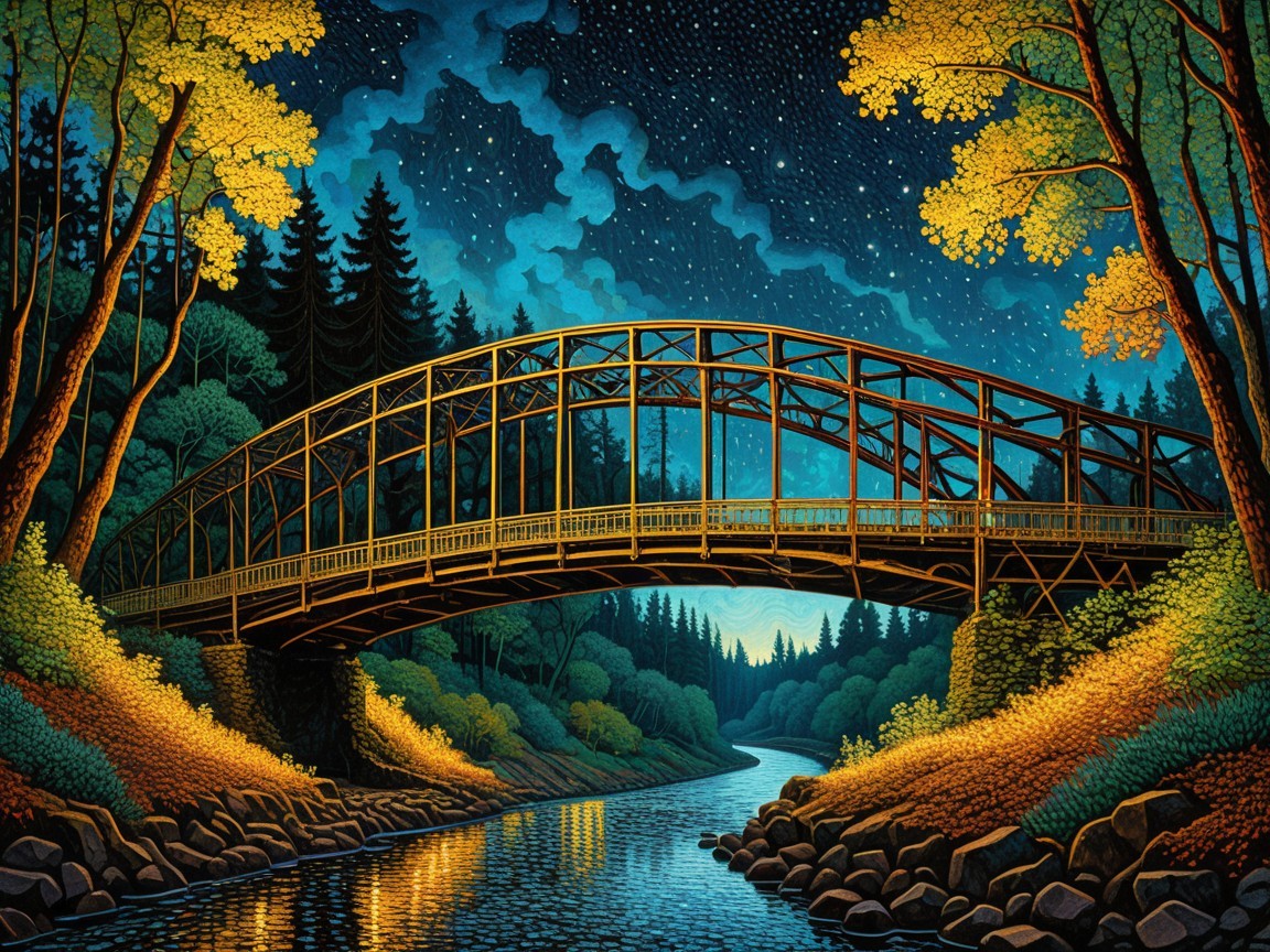 Golden Bridge Over Calm River in Serene Night Scene