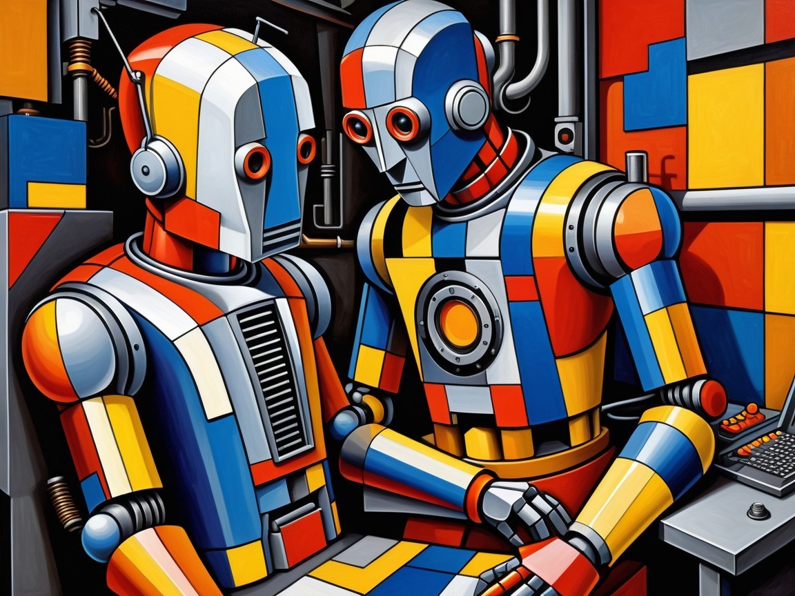 Futuristic Cubist Robots in Geometric Room Design