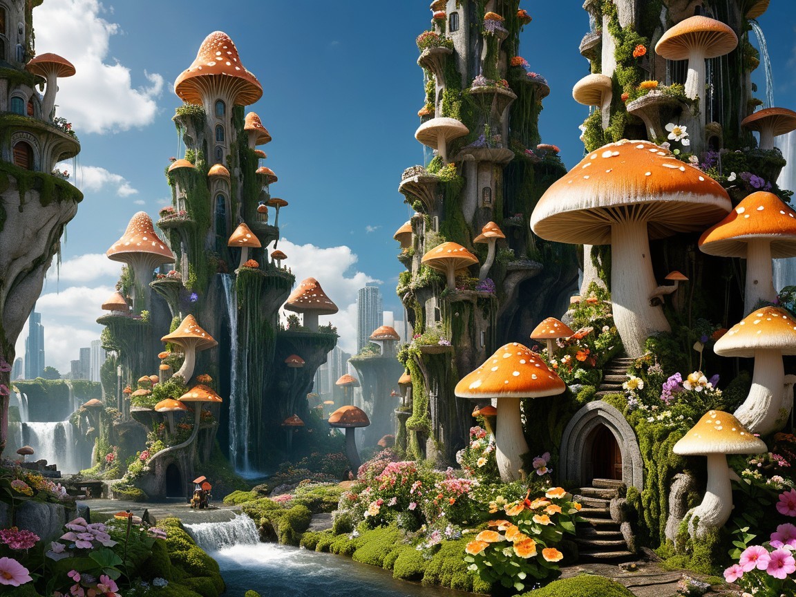 Fantastical Landscape with Mushrooms and Skyscrapers