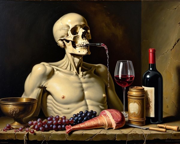 Still-Life of Skeleton with Wine and Grapes