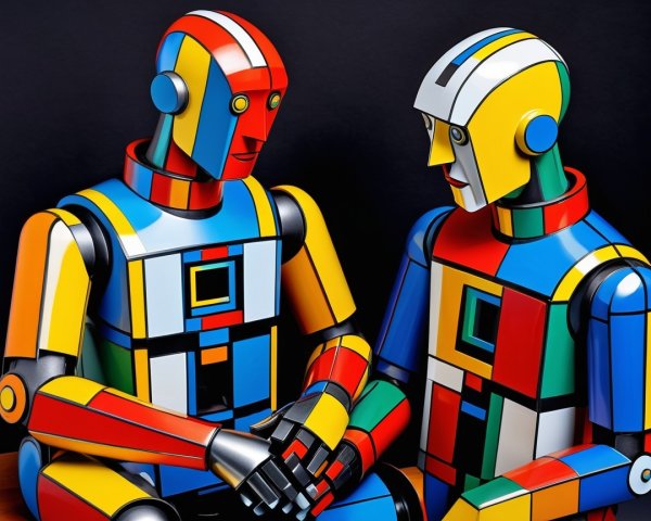 Vibrant Robots with Colorful Designs on Reflective Surface