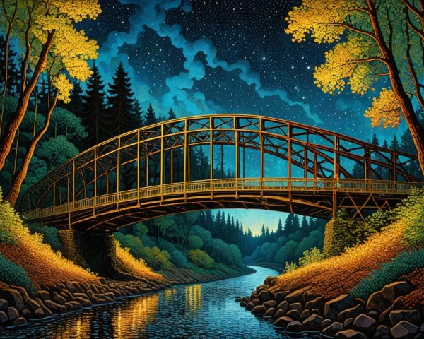 Golden Bridge Over Calm River in Serene Night Scene