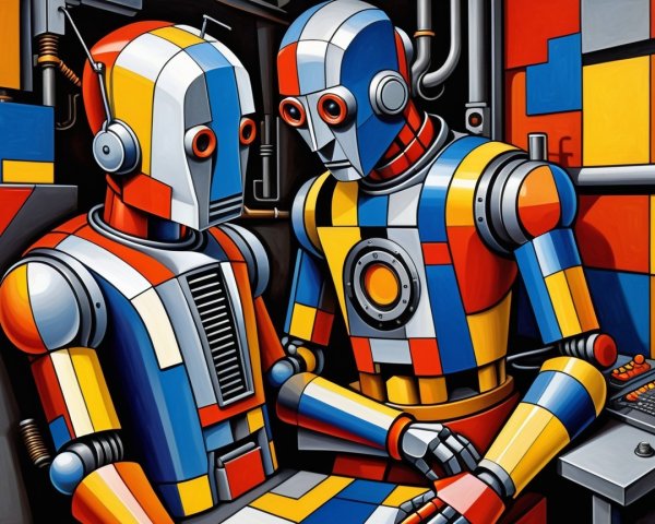Futuristic Cubist Robots in Geometric Room Design