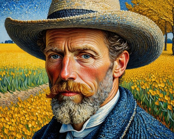 Rugged Man Portrait in Pointillist Style with Flowers