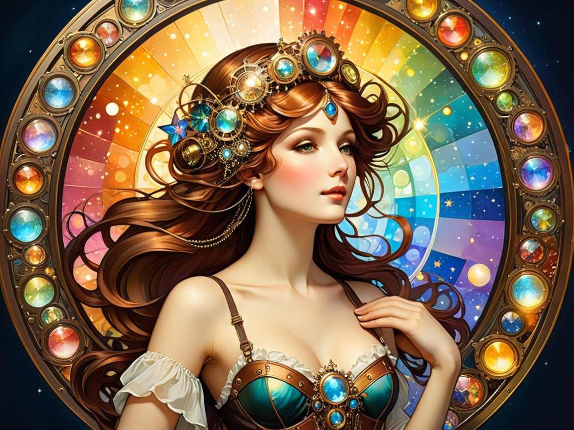 Auburn-haired woman in jeweled attire against vibrant background