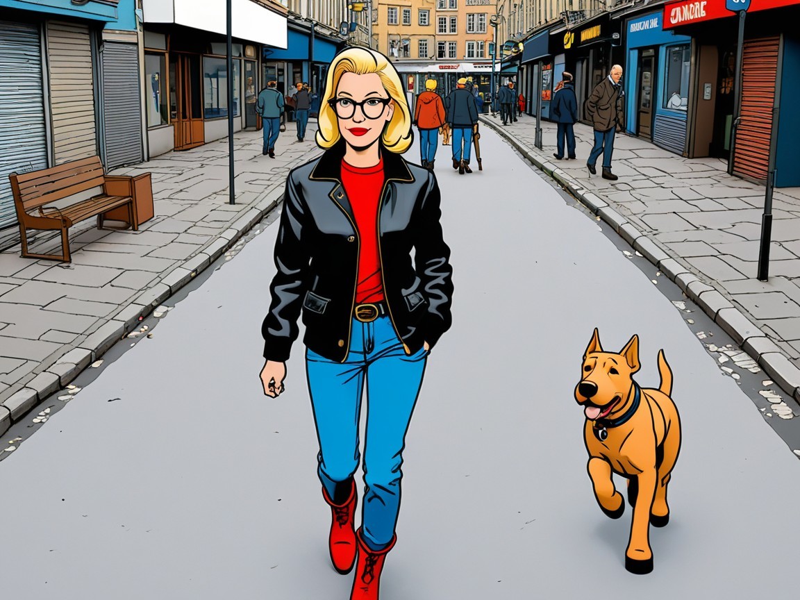 Stylish Woman with Dog on a Quiet Urban Street