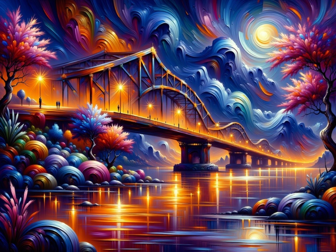 Vibrant Landscape with Majestic Bridge and Shimmering River