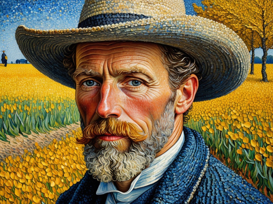 Rugged Man Portrait in Pointillist Style with Flowers