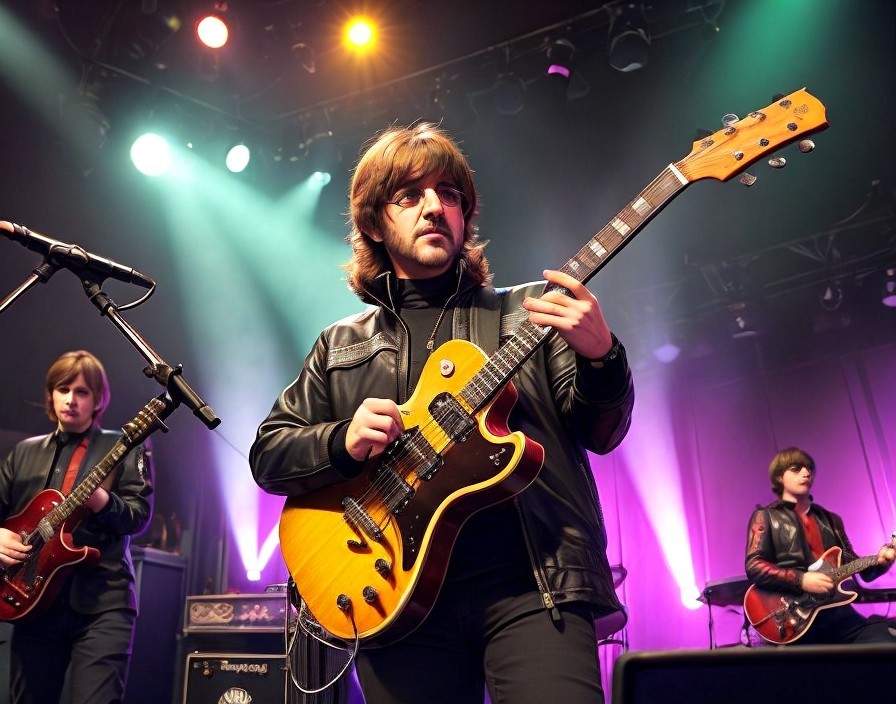 Bearded musician in black leather jacket plays yellow electric guitar on stage