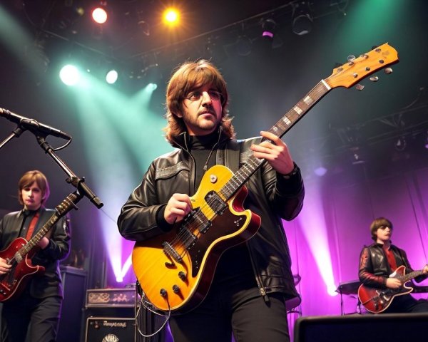 Bearded musician in black leather jacket plays yellow electric guitar on stage
