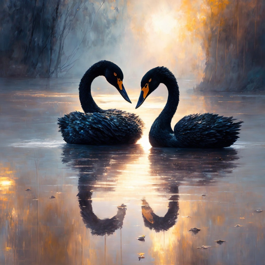 Black swans on a serene lake at sunset
