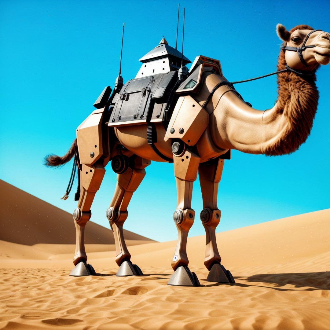 Futuristic Robotic Camel in Desert Landscape