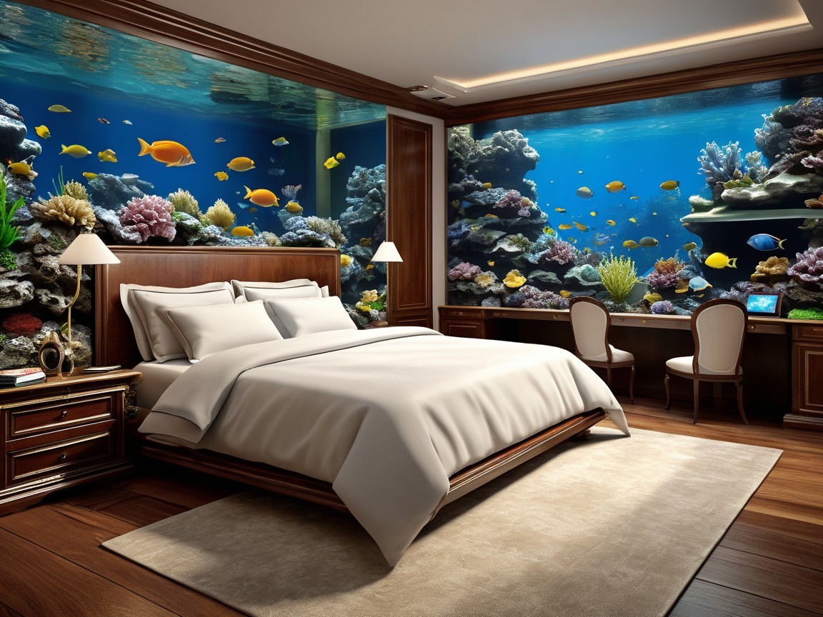 Luxurious Bedroom with Aquarium Murals and Elegant Decor