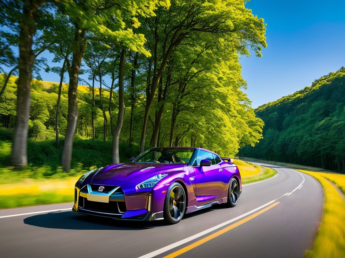 Vibrant Purple Sports Car on Scenic Drive
