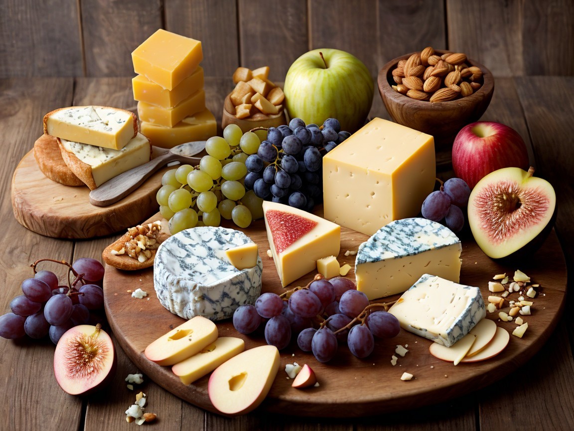 Cheese Platter with Fruits and Nuts on Rustic Wood