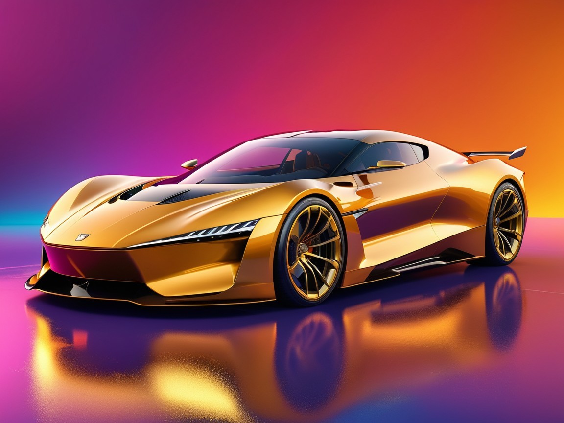 Golden Sports Car Against Vibrant Purple-Orange Background