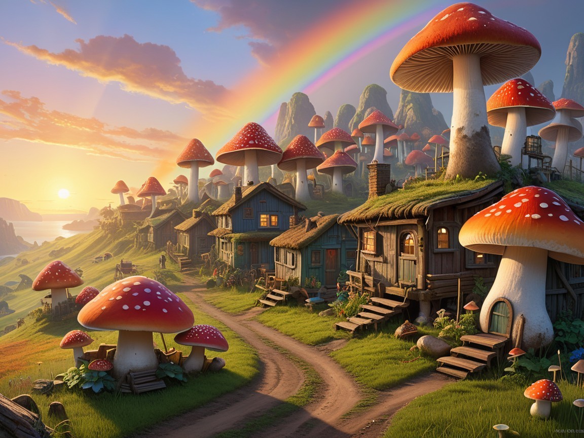 Whimsical Landscape with Colorful Mushroom Houses