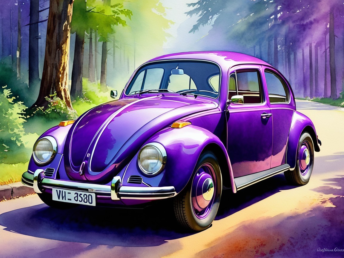 Vibrant Purple Vintage Car on Forest Road