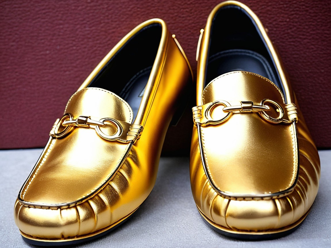 Golden loafers with chain detail and rounded toe design