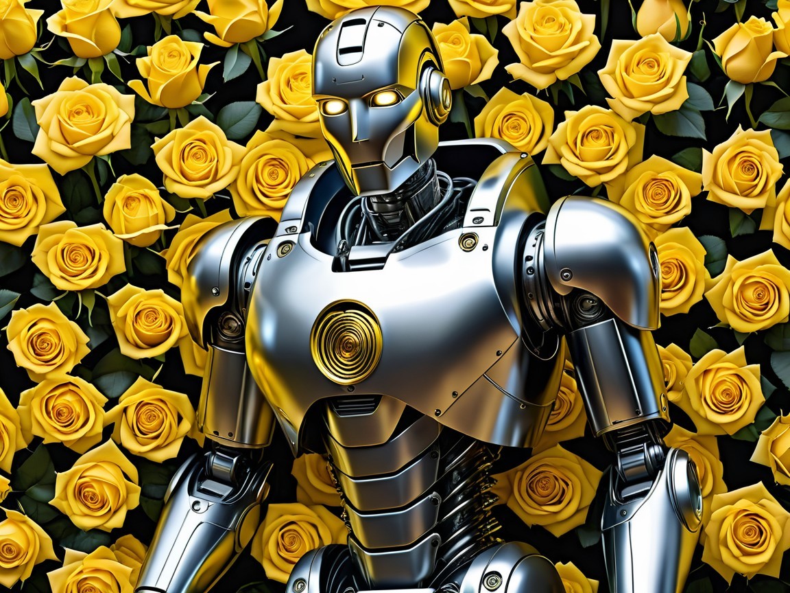 Silver Robot with Yellow Roses Background