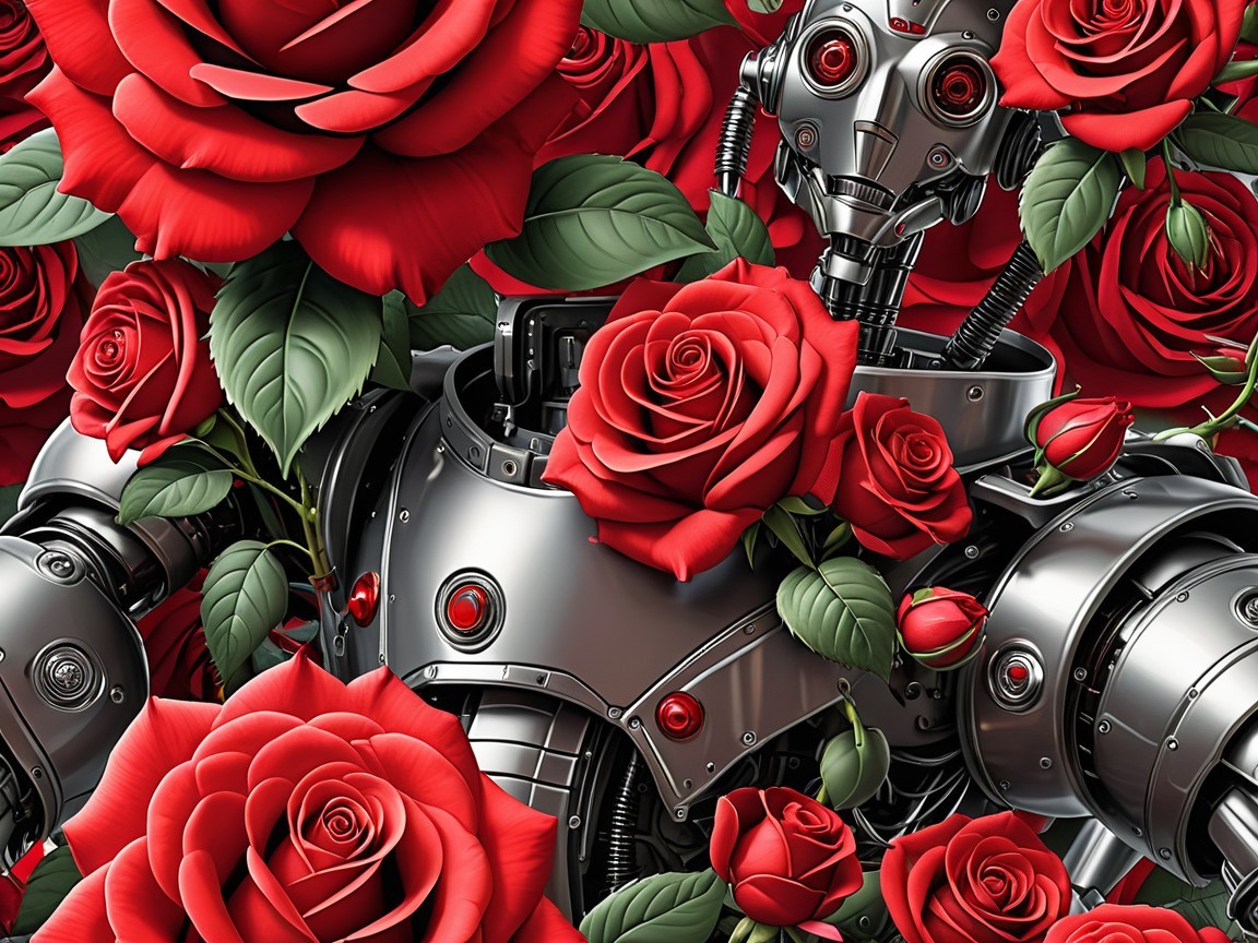 Metallic Robot Intertwined with Red Roses