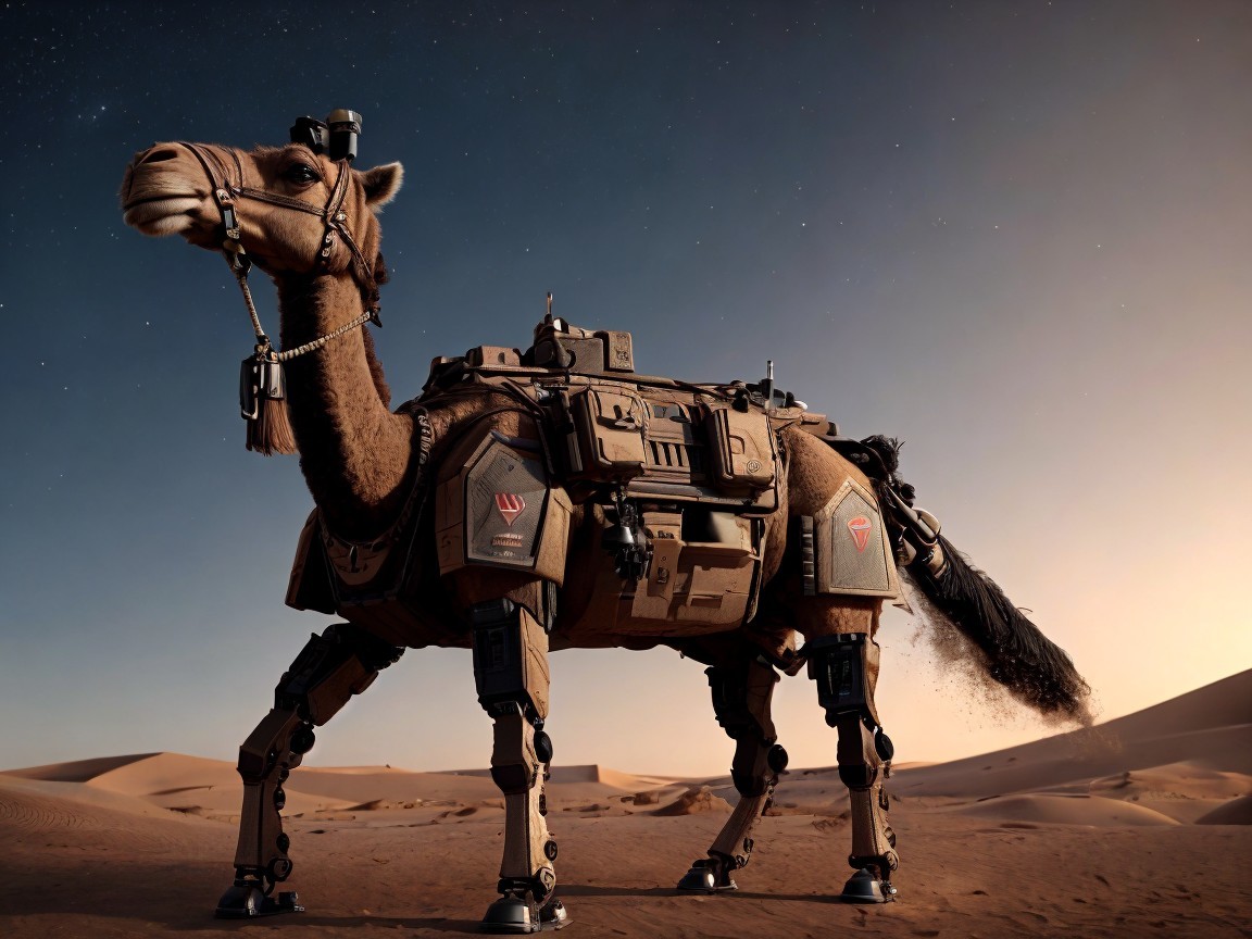 Futuristic Camel in Desert with Robotic Enhancements