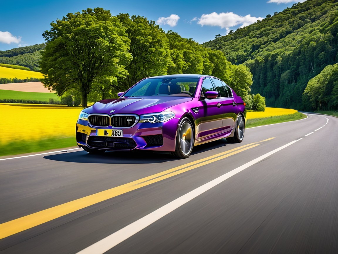 Vibrant Purple BMW M5 on Scenic Road with Nature