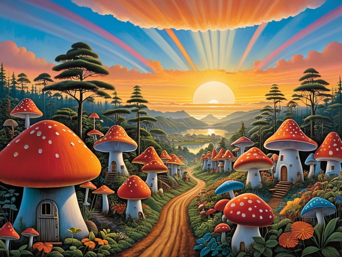 Whimsical Landscape with Oversized Mushrooms and Lake