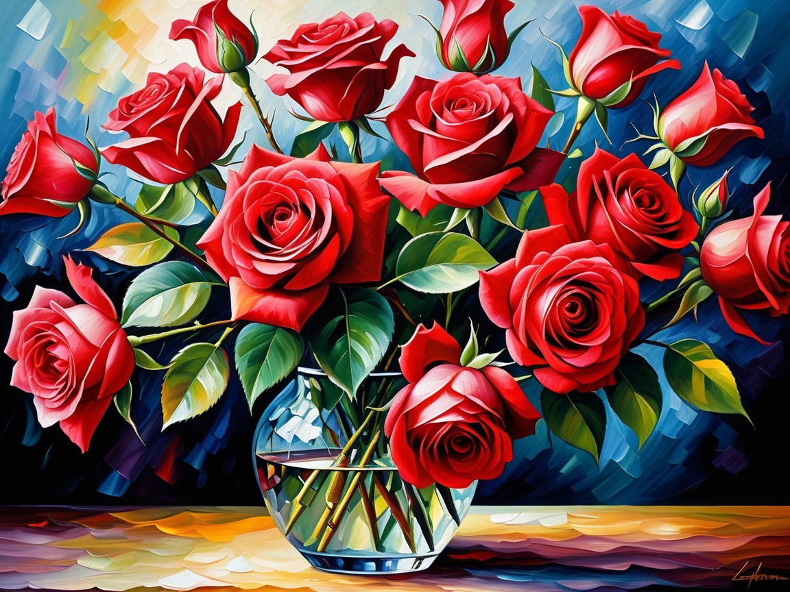 Vibrant Red Roses in Clear Glass Vase with Green Leaves