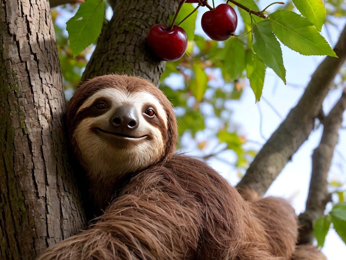 Sloth Hanging from Tree Branch in Serene Forest Setting