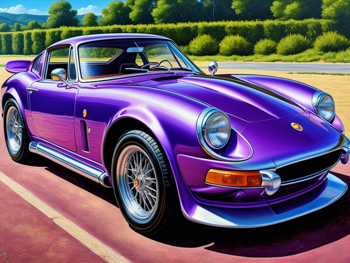 Purple Sports Car with Sleek Design in Green Landscape