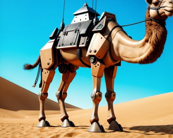 Futuristic Robotic Camel in Desert Landscape
