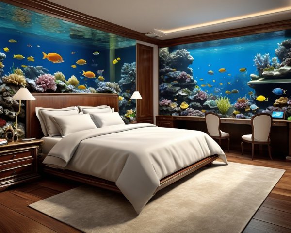 Luxurious Bedroom with Aquarium Murals and Elegant Decor