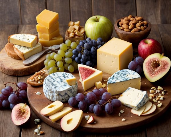 Cheese Platter with Fruits and Nuts on Rustic Wood