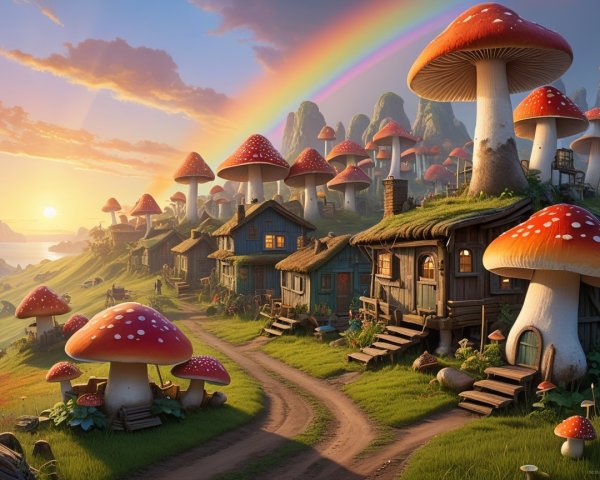Whimsical Landscape with Colorful Mushroom Houses