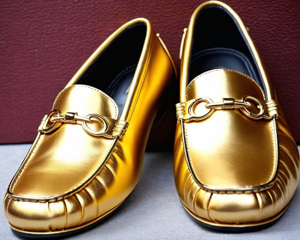 Golden loafers with chain detail and rounded toe design