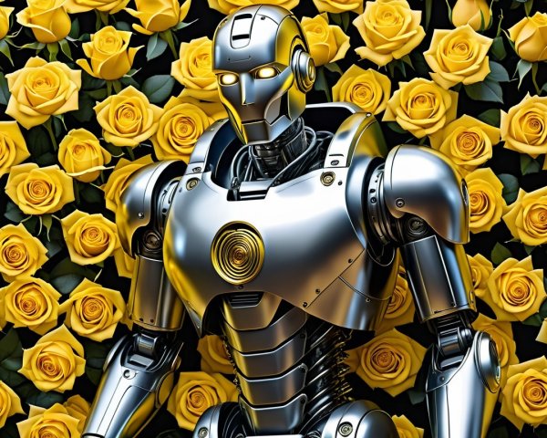 Silver Robot with Yellow Roses Background