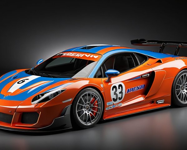 Sleek Orange and Blue Race Car with Number 33