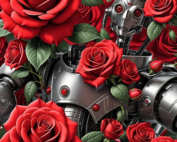 Metallic Robot Intertwined with Red Roses