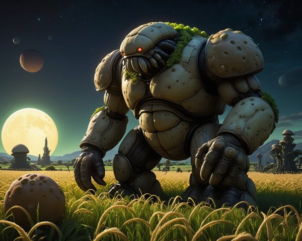 Robotic Creature in Surreal Landscape with Moonlight